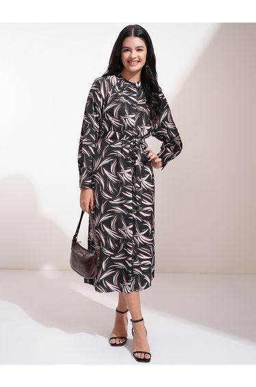 All-Over Print Waist Tie-Up Midi Dress
