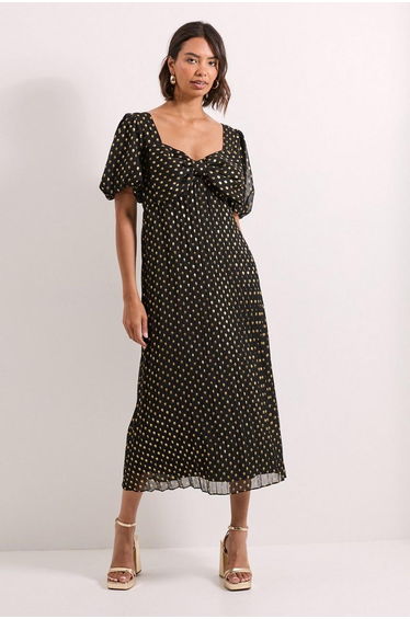 DP Luxe Bow Front Puff Sleeve Metallic Midaxi Dress