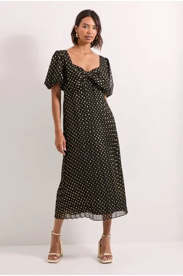 DP Luxe Bow Front Puff Sleeve Metallic Midaxi Dress