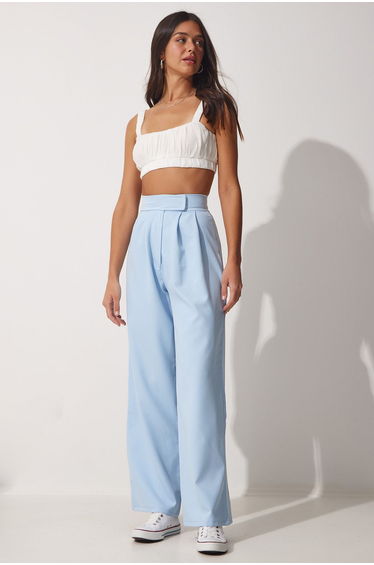 Women's Sky Blue Loose Trousers with Velcro Closure on the Waist