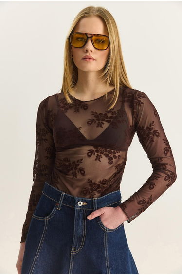 Women's Crew Neck Blouse with Gathered Sides and Patterned Transparent Tulle