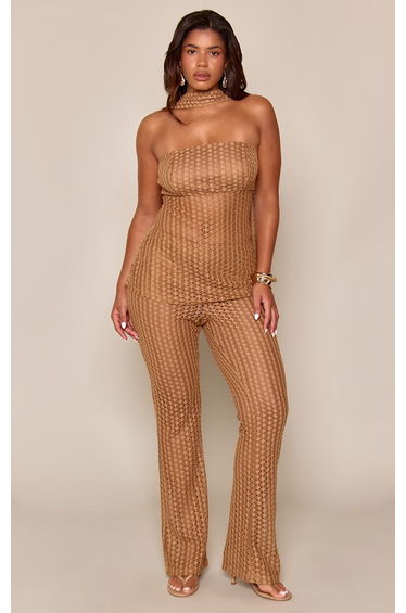 Shape Brown Textured Bandeau Scarf Detail Top Co-ord