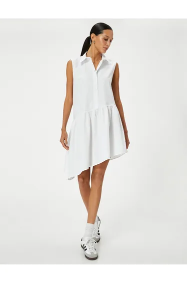 Shirt Dress Asymmetrical Cut Sleeveless Buttoned Cotton Comfortable Cut