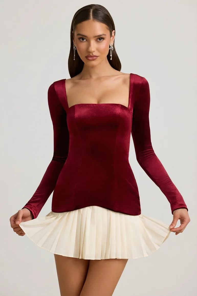 Layered Pleated Corset Mini Dress in Wine Red Oh Polly : Party Dresses :  VogaCloset Bahrain