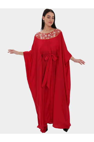 Red Embroidered Waist Tie Kaftan Maxi Dress