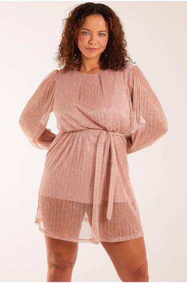Metallic Plisse Belted Dress