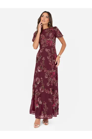 Maya Cranberry Floral Embellished Puff Sleeve & Open Back Maxi Dress