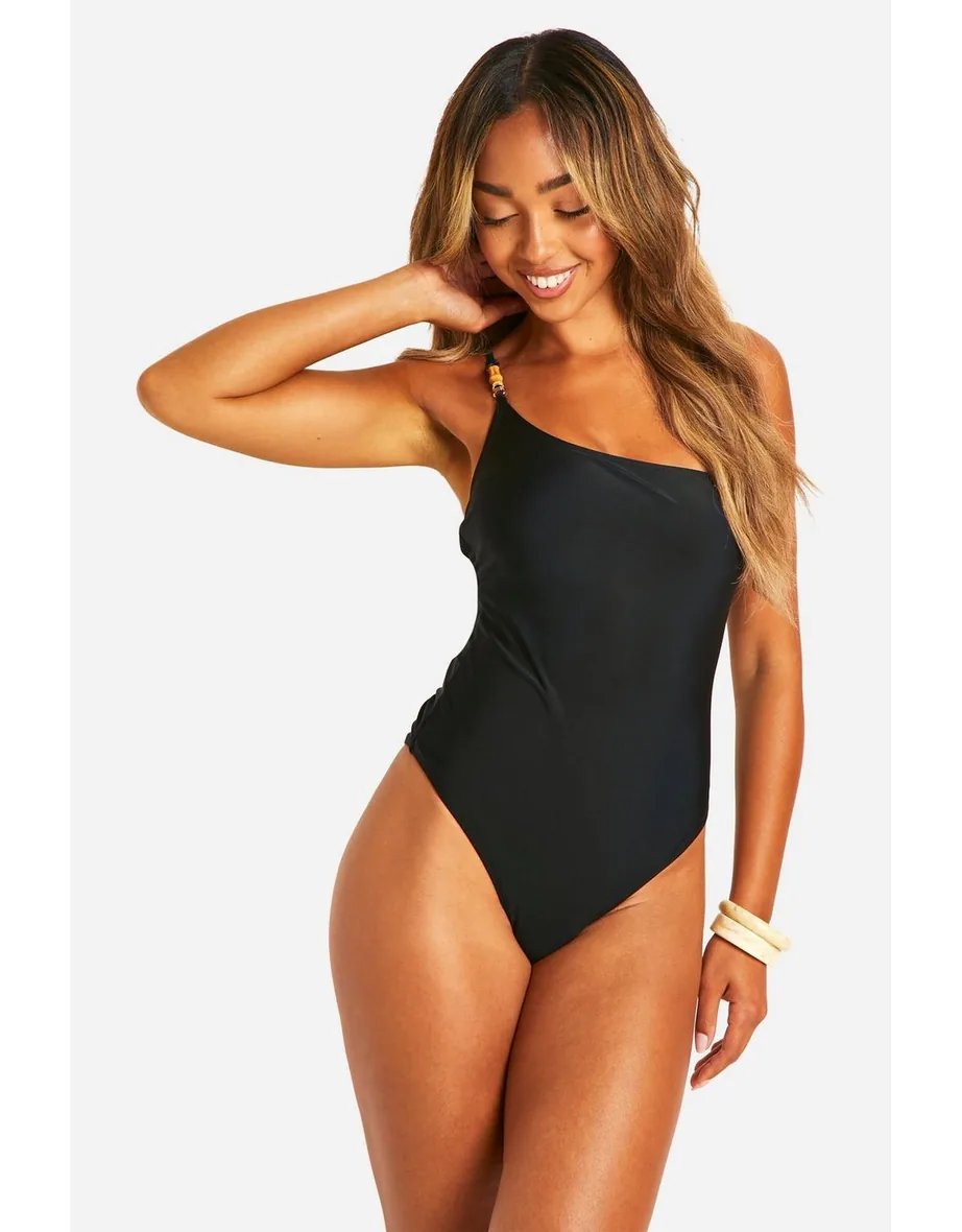 波舞 91cm×122cm Shop Bamboo Trim Asymmetric Swimsuit - black Online in Bahrain