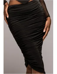 Side Gathered Asymmetric Midi Skirt - Black by Goddiva - 4