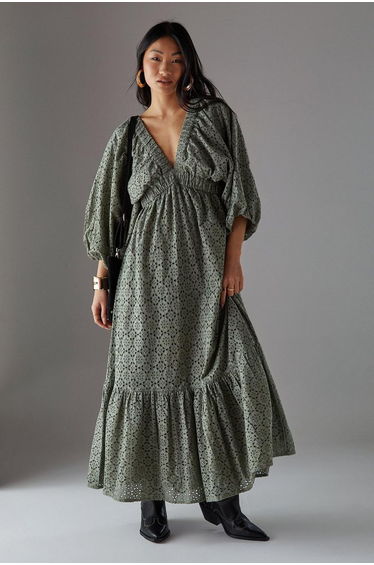 Petite Broderie Plunge Neck Volume Sleeve Smock Maxi Dress