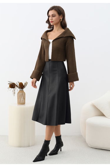 Soft Faux Leather Seamed A-Line Skirt in Black