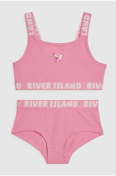 Girls Pink Strappy Crop And Brief Set
