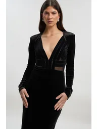 فستان ميدي ميش مخمل إستريتش بياقة عميقة بشريط بفتحات خلفية - 1