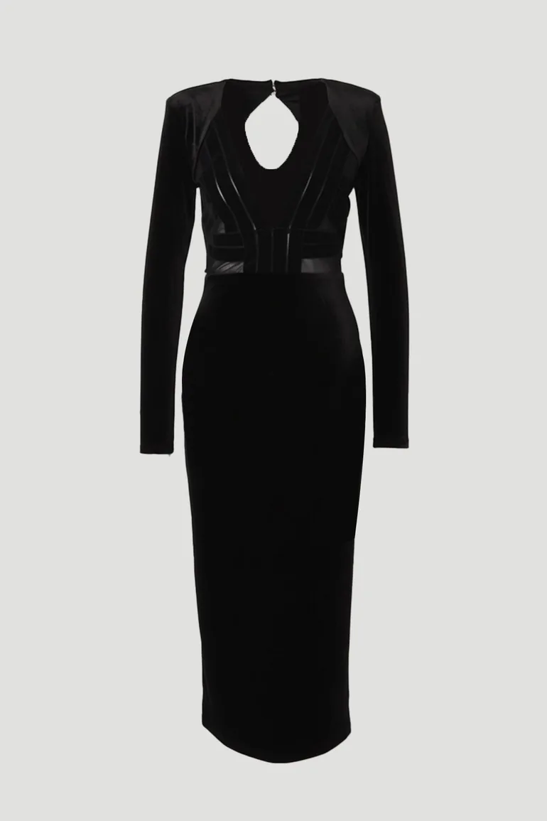 فستان ميدي ميش مخمل إستريتش بياقة عميقة بشريط بفتحات خلفية - 3