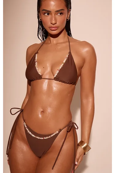 Chocolate Crystal Trim Triangle Bikini Top