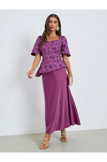 Magenta Jacquard Puff Sleeve Maxi Dress