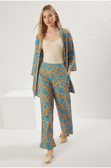 Orange Printed Relaxed Cut Flexible Kimono Knitted Bottom-Top Set