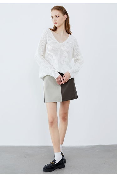 Two-Tone Faux Leather Mini Bud Skirt in Brown