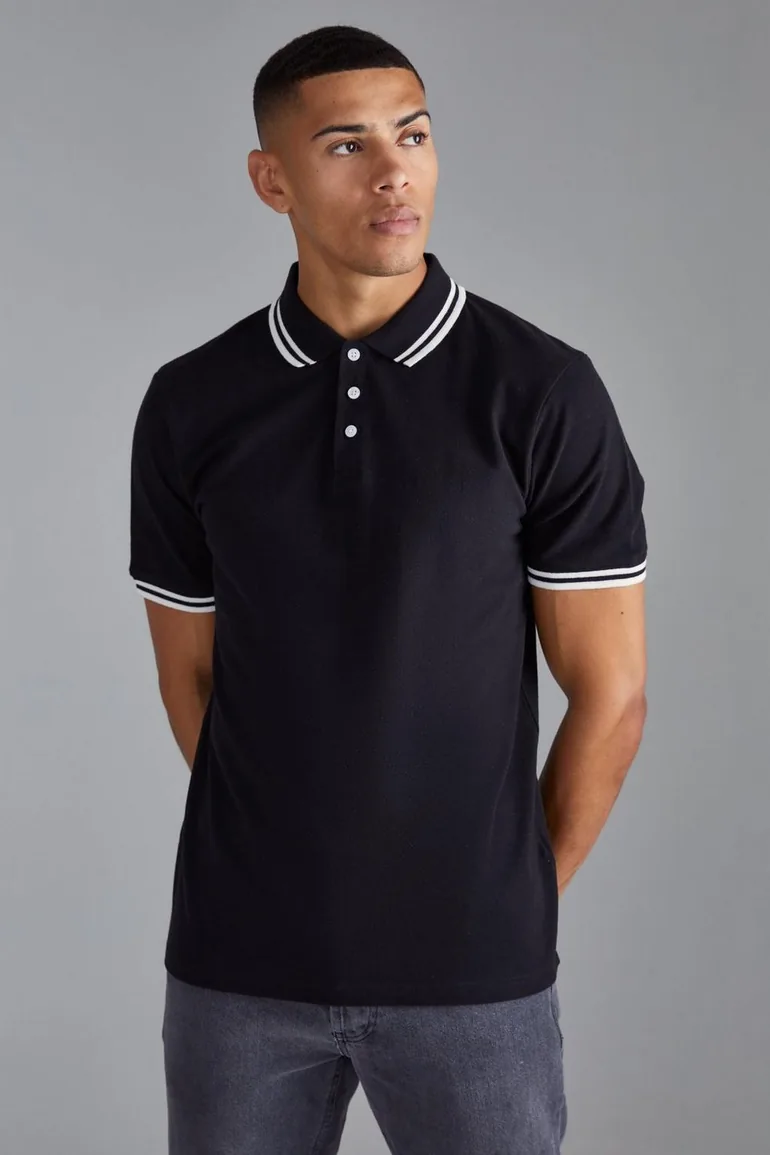 Slim Tipped Pique Polo - black