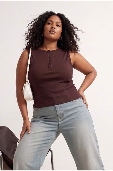 Brown Crop Boy Buttoned Crew Neck Oversized Athlete T-Shirt