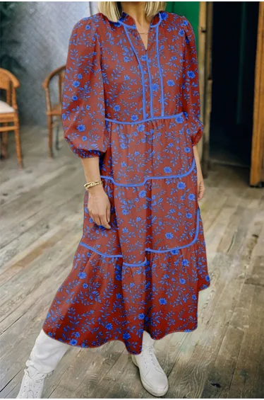 Lvness Brown 3/4 Puff Sleeve Tiered Loose Floral Dress