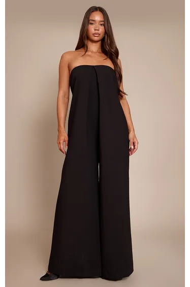 PLT Label Black Pleat Detail Bandeau Wide Leg Jumpsuit