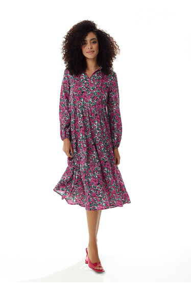 Women's Midi Dress with Long Sleeves in Divine Grace Purple Floral Smock Style.