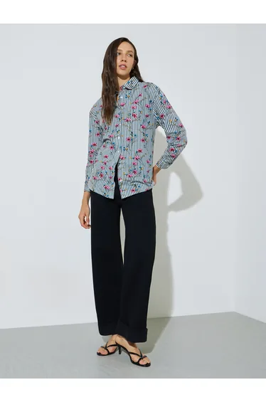 Multi Floral Cotton Striped Oversized Shirt