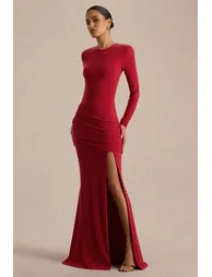 Liora | Red Crew-Neck Maxi Dress With Front-High Split