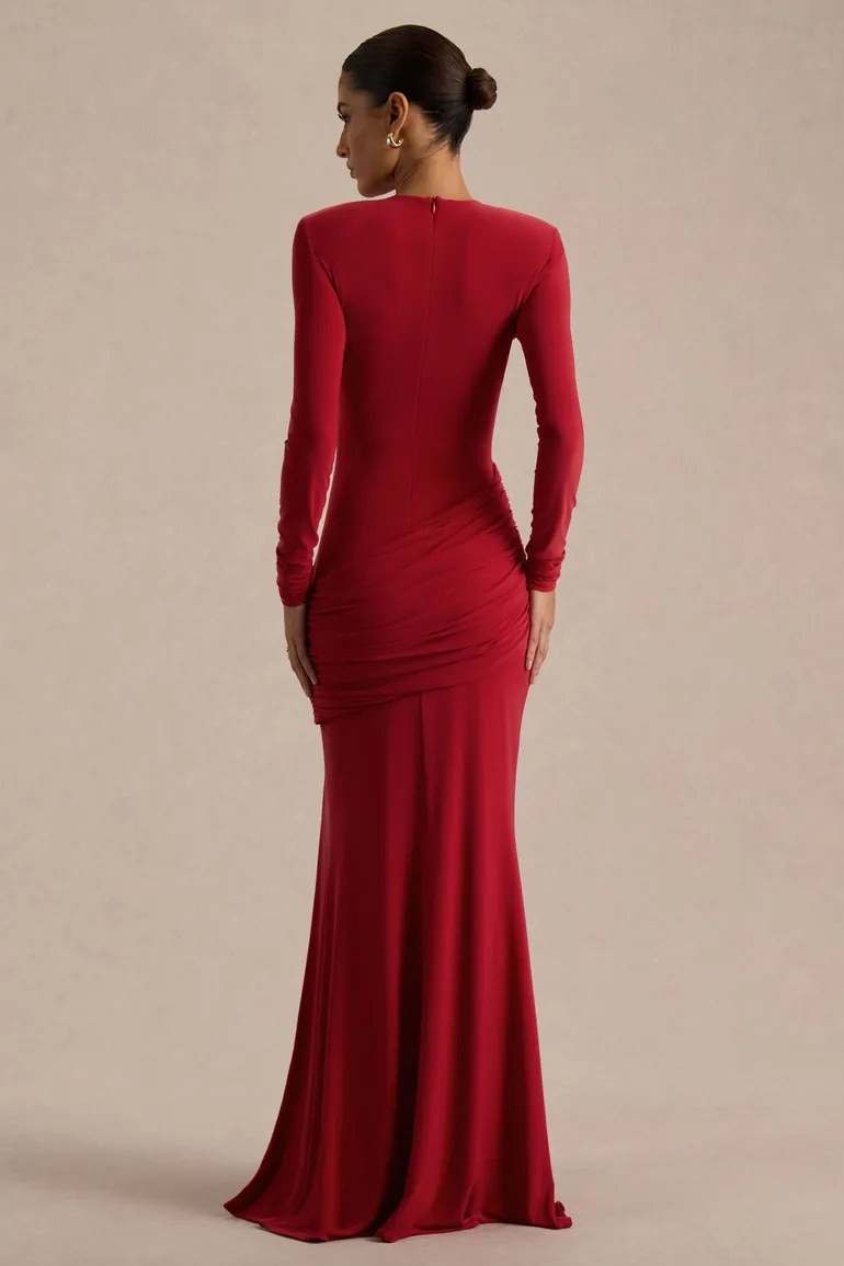 Liora | Red Crew-Neck Maxi Dress With Front-High Split - 3