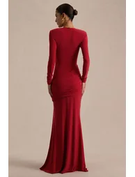 Liora | Red Crew-Neck Maxi Dress With Front-High Split - 3
