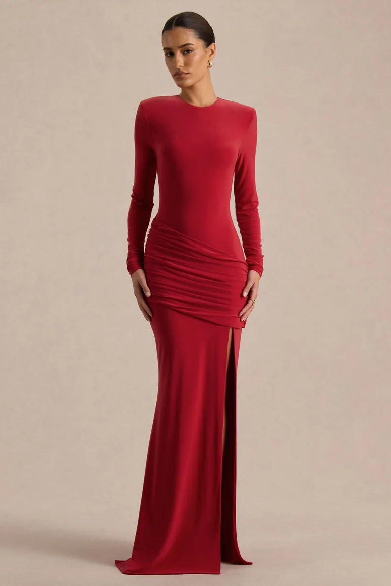 Liora | Red Crew-Neck Maxi Dress With Front-High Split - 2