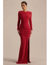 Liora | Red Crew-Neck Maxi Dress With Front-High Split - 2