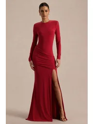 Liora | Red Crew-Neck Maxi Dress With Front-High Split - 1
