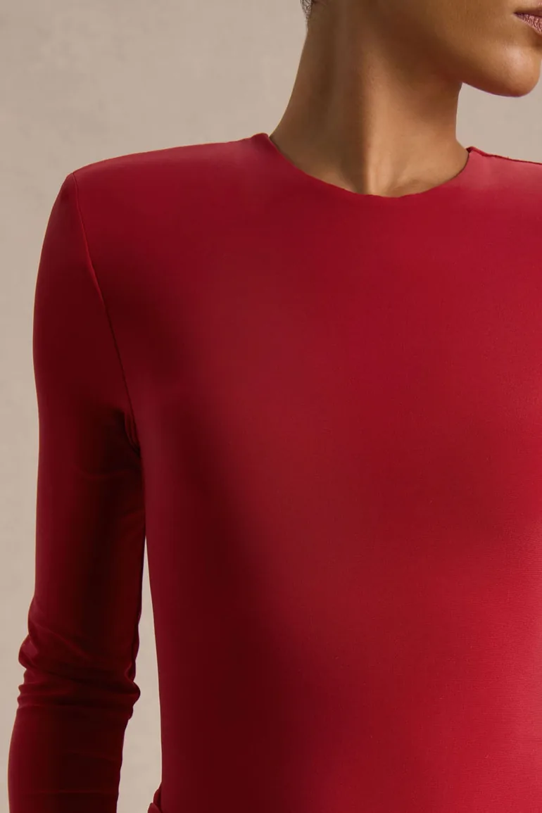 Liora | Red Crew-Neck Maxi Dress With Front-High Split - 4