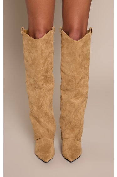 Sand Suede Heeled Fold Over Knee High Boot
