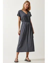 Women's Anthracite Belted V Neck Viscose Dress