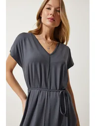 Women's Anthracite Belted V Neck Viscose Dress - 2