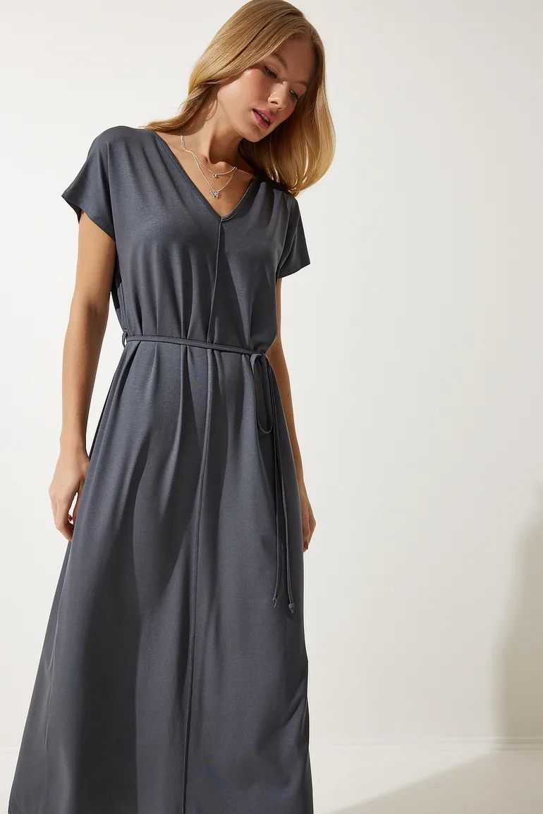 Women's Anthracite Belted V Neck Viscose Dress - 3