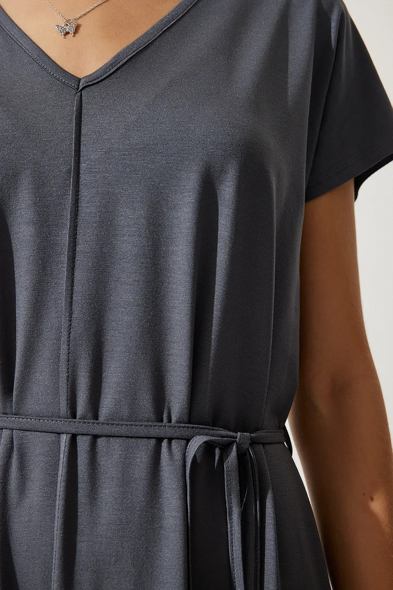 Women's Anthracite Belted V Neck Viscose Dress - 4