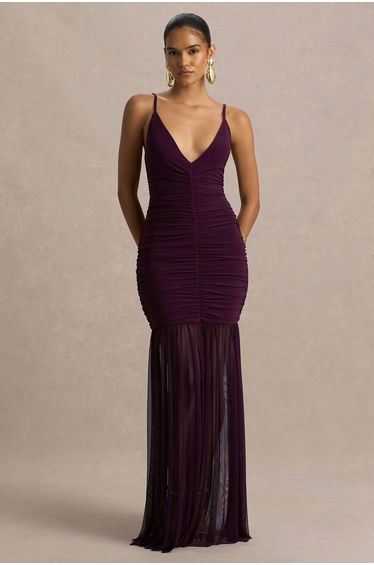 Pasqualina | Plum Ruched Plunge-Neck Maxi Dress