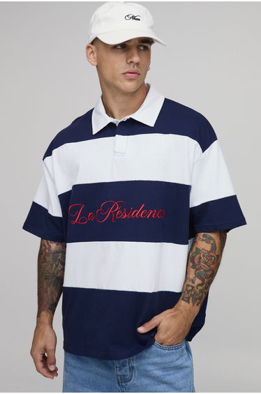 Oversized La Residence Embroidered Stripe Rugby Polo - navy
