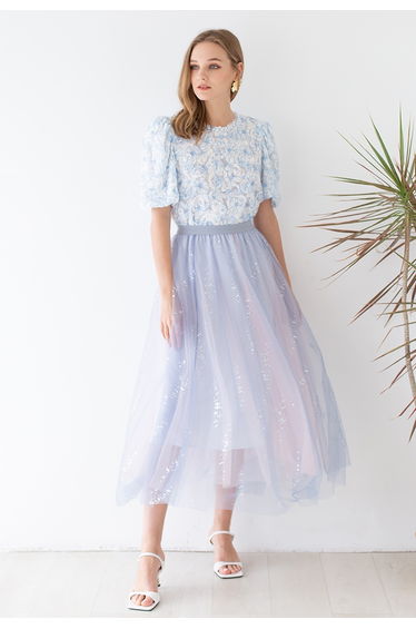 Shimmery Sequin Mix-Color Mesh Maxi Skirt in Blue