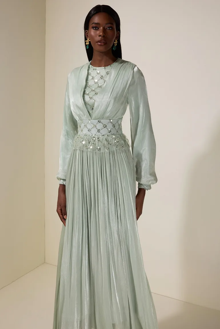 Beaded Round Neck Lantern Sleeve Midi Dress - 2