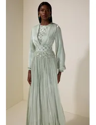 Beaded Round Neck Lantern Sleeve Midi Dress - 2