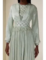 Beaded Round Neck Lantern Sleeve Midi Dress - 6