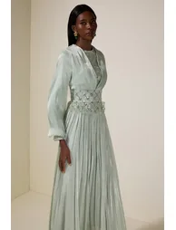 Beaded Round Neck Lantern Sleeve Midi Dress - 3