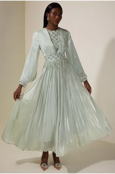 Beaded Round Neck Lantern Sleeve Midi Dress