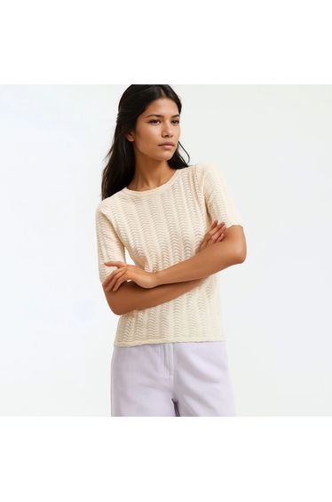Pointelle Knit Crew Neck Jumper/Sweater with Short Sleeves