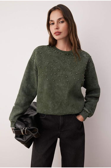 Khaki Old/Faded Effect Thick Polar Fleece Pearl Detailed Regular Knitted Sweatshirt